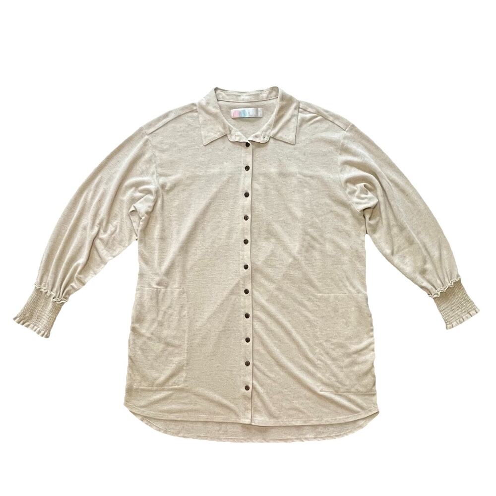 Free People Beach Linen Blend Smocked Cuff Button Down Shirt Dress Oatmeal XS - Picture 3 of 13